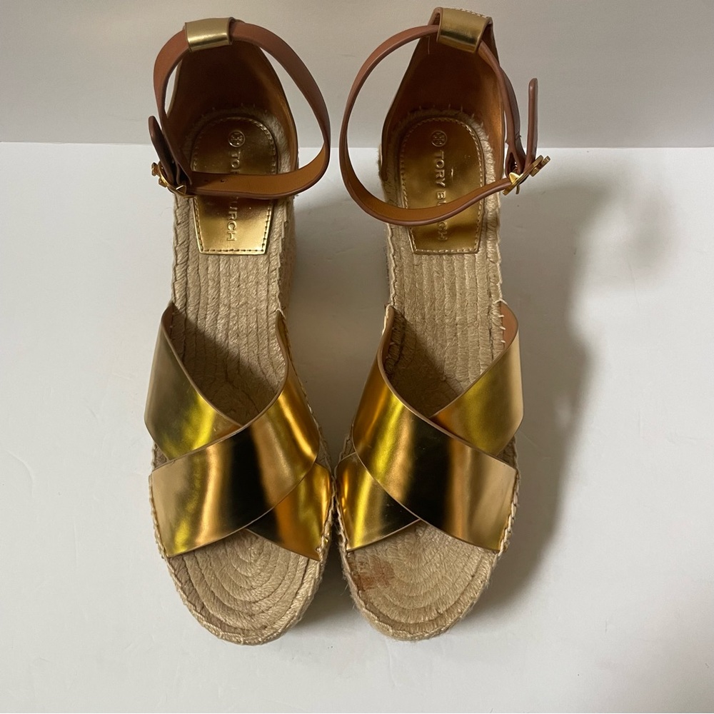 TORY BURCH Matte Metallic Gold Selby Wedge Platform Espadrille Sandals S… - Picture 8 of 15